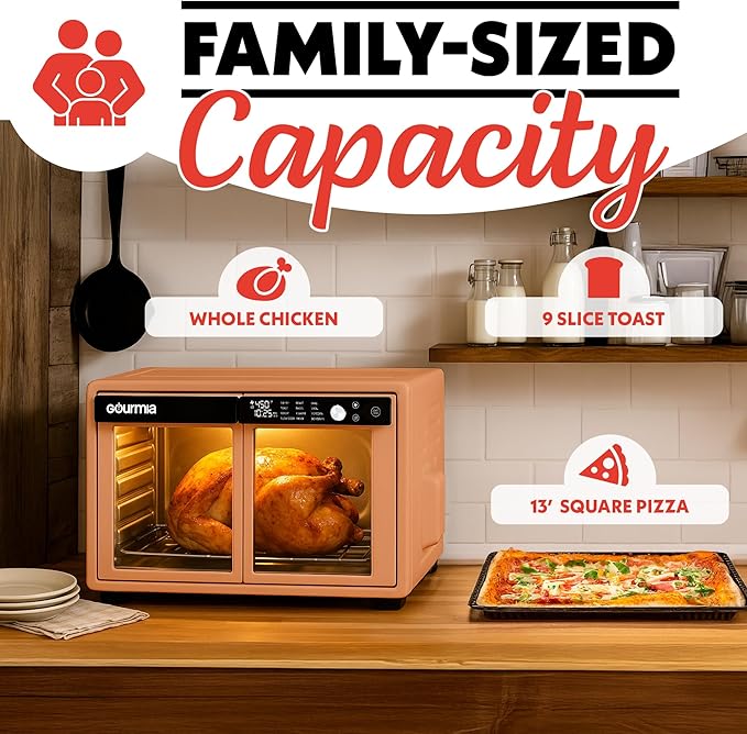 Gourmia French Door Air Fryer Oven - 37 Qt Large Capacity Convection Toaster Oven, FryForce 360°, Digital Display, 12 Cooking Presets, Dehydrate, Fits 13??Pizza, Dishwasher-Safe, Peach