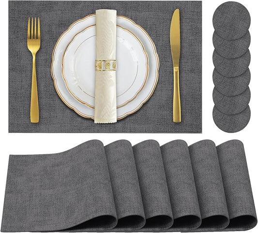 JUCCWARM Faux Leather Placemats Set of 6,Heat Resistant Placemats for Dining Table, Easy Clean Non-Slip Place Mats, Waterproof Stain Resistant Wipeable Washable PU Table Mats, (Dark Grey)