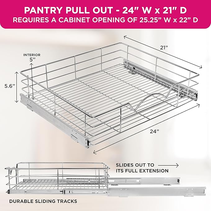 HOLDN??STORAGE Heavy-Duty Premium Collection Pull Out Cabinet Organizer, Cabinet Drawer Slide Outs, Lifetime Limited Warranty - Basket Size 24" W x 21" D x 5" H, Anti-Rust Chrome Finish