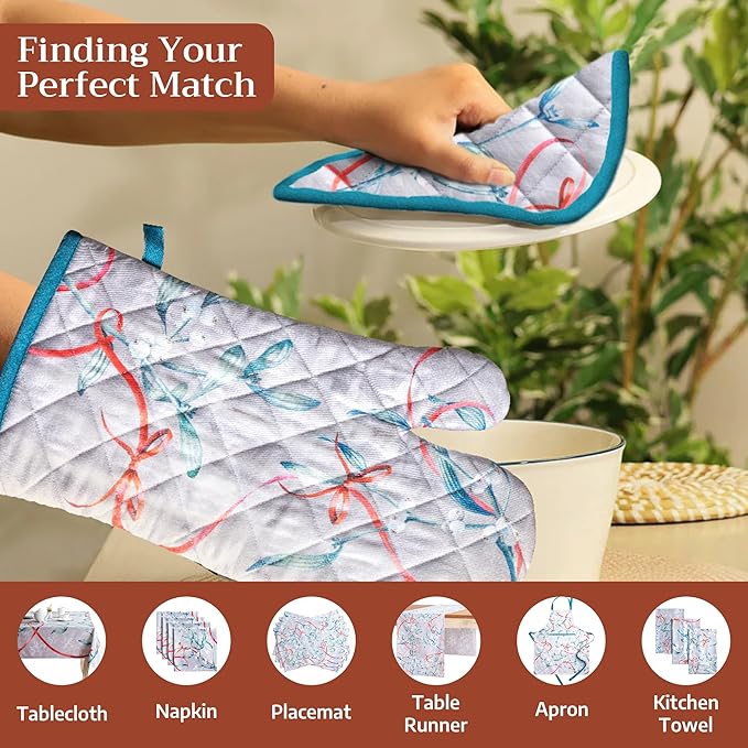 Maison d' Hermine Oven Gloves 100% Cotton Oven Mitt 7" x 13" with Loop Heat Resistant BBQ Cooking Gloves for Thanksgiving Christmas Decorations Baking Handling Hot Pans (Pack of 1, Enora)