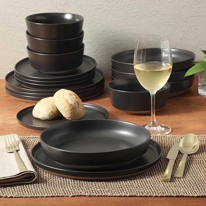 Gibson Elite Overbrook 16-Piece Pottery Clay Stoneware Dinnerware Set ??Black Reactive Glaze, Stackable Plates and Bowls W/Pasta Bowl, Service for 4 ??Microwave & Dishwasher Safe