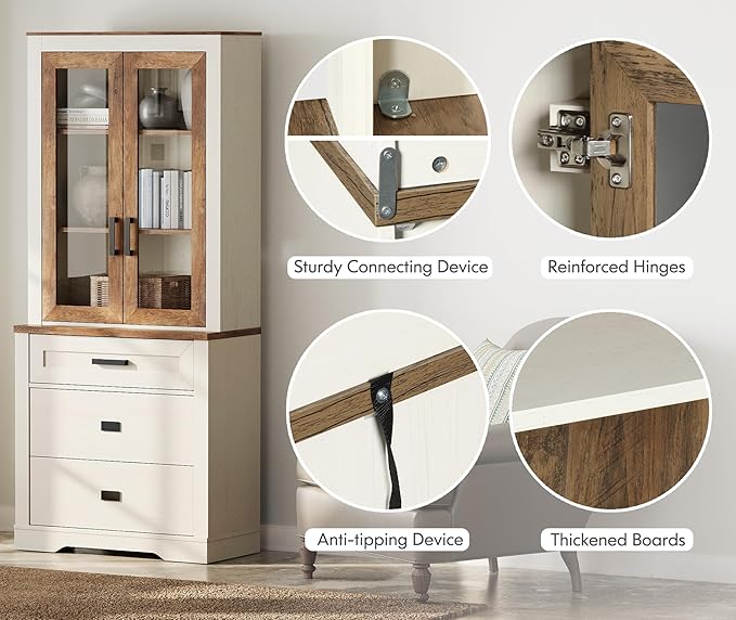 WAMPAT 3 Tier Pantry Cabinet with Drawer,73.3" Tall Floor Standing Cupboard,Modern Farmhouse Display Kitchen Buffet with Adjustable Shelves and Glass Door for Dining Room,Living Room,White Oak