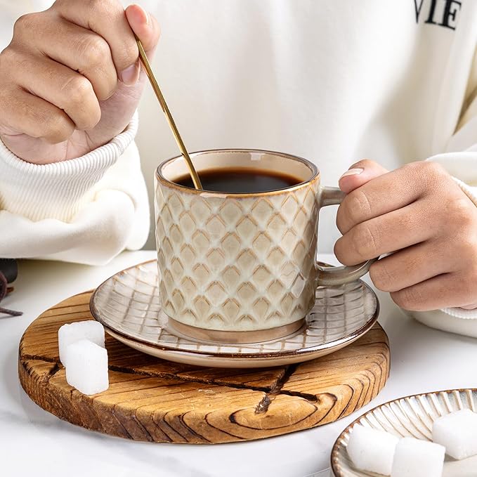 GBhome 8OZ Stackable Coffee Mugs, Ceramic Coffee Mugs with Texture Patterns for Man,Woman,Dad,Mom, Modern Coffee Cups Set of 4 for Espresso/Cappuccino. Dishwasher&Microwave Safe