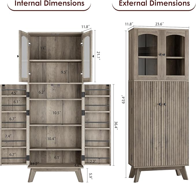 QUW 63.4" Kitchen Pantry Storage Cabinet, Tall Pantry with Glass Doors and Adjustable Shelves, Modern Freestanding Floor Cabinet Cupboard for Kitchen, Living Room, Dining Room, Grey