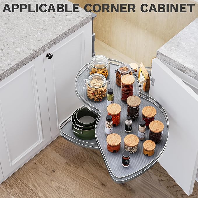 DWVO Corner Cabinet Pull-Out Organizer, 2-Tier Blind Corner Shelf with 270째 Swing-Out Tray, Right Swing, Heavy-Duty Chrome Plated Iron, 32.7"x17.3"x21.3", Gray