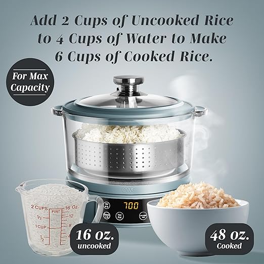 COOK WITH COLOR 3L Glass Mini Low Carb Rice Cooker ??Holds 2 Cups Raw/Makes 6 Cups Cooked with Auto Lift Filter Basket, Hotpot & Steamer for Rice, Grains, Digital Panel with Keep Warm, Slate Blue