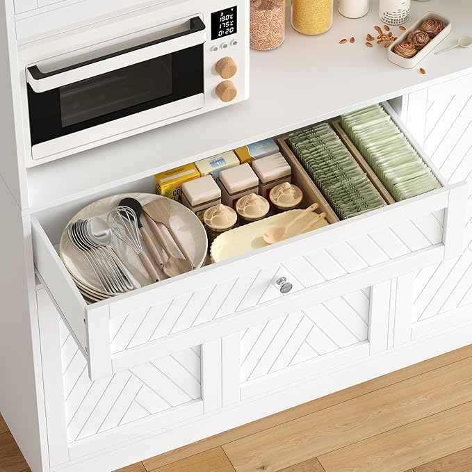 72??Tall Kitchen Pantry Storage Cabinet, Modern White Kitchen Hutch with Large Storage Drawer, Countertop, Adjustable Shelves, Food Pantry Cabinets for Dining Room, Living Room