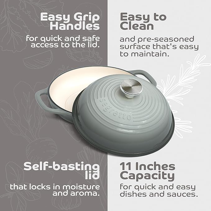 Enameled Cast Iron Bread Pan with Lid, 11??Grigio Scuro (Gray) Bread Oven Cast Iron Sourdough Baking Pan, Dutch Oven for Bread - Segretto Cookware
