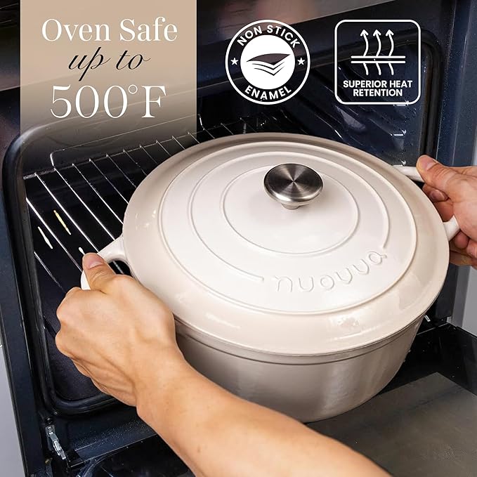Nuovva Enamelled Cast Iron Dutch Oven Pot with Lid 6.4 Quart Non Stick Casserole Pot ??Heavy Duty & Oven Safe up to 500째 F for Bread Baking, Braising, Stews, Roasting ??28cm Oyster