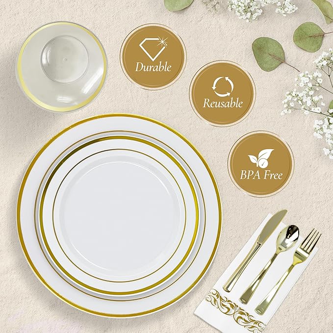 Reli. Plastic Plates for Party | 385 Pieces | White w/Gold Rim | Plates and Napkins Party Supplies | Disposable Dinnerware Set for 55 Guests | Dinner & Dessert Pack, Gold Cutlery Set, Napkins, Cups