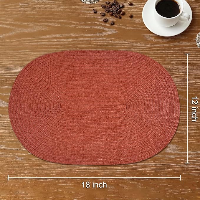 Noctiflorous Oval Braided Placemats Set of 6 Woven 12x18 Inch Non Slip Washable Heat Resistant Place Mats Round Tablemats for Dining Kitchen Party Daily Table Decor Dinner Mats (Solid Rust Orange, 6)