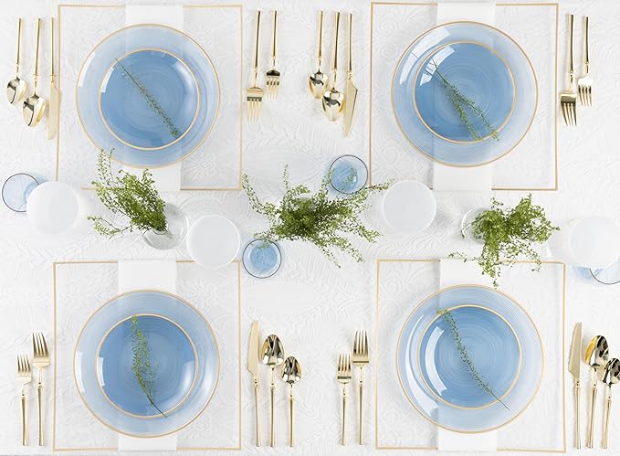 PLASTICPRO 64 Pieces Crystal Design Plastic Plates Combo Pack 7 inch and 10 inch Gold Rim Elegant Disposable Plates, Transparent Blue