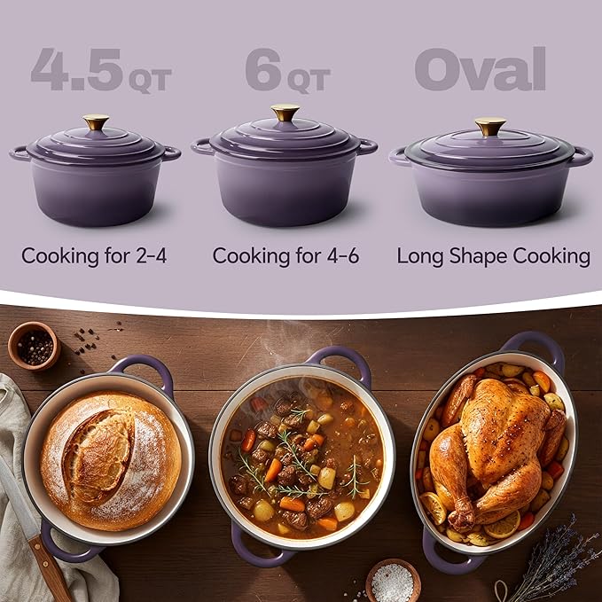 Vintage Style 4.5 Quart Dutch Oven Pot with Lid, Non Stick Enameled Cast Iron Dutch Oven for Bread Baking, Heavy-Duty, Oven Safe Ceramic Cookware Up to 500째F for Baking, Braising, Stews, Roasting, Purple