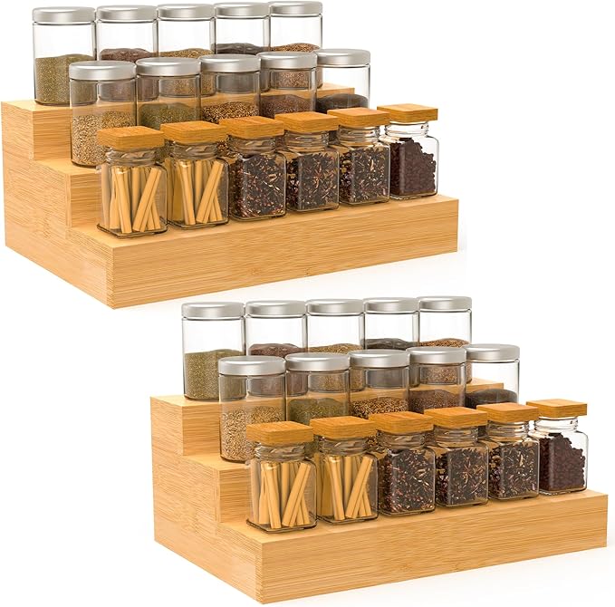 2 Pack Bamboo Spice Rack Organizer, 3 Tier Spice Riser for Cabinet, Wood Spice Stand for Countertop