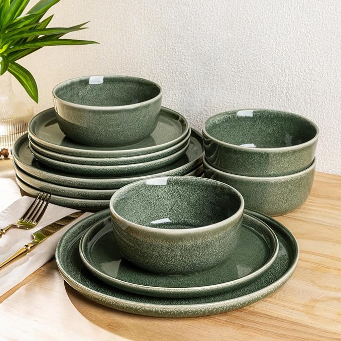 AmorArc Stoneware Dinnerware Sets,Round Reactive Glaze Ceramic Plates and Bowls Sets,Highly Scrath Resistant | Dishwasher & Microwave Safe,Service for 8 Dishes Set (24pc)