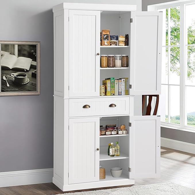 KIGOTY 72" Tall Kitchen Pantry Cabinet with Drawer and 4 Adjustable Shelves, Freestanding Pantry Storage Cabinets, Wood Cupboard Pantry Cabinet for Kitchen, Dining Room, Living Room, Off White
