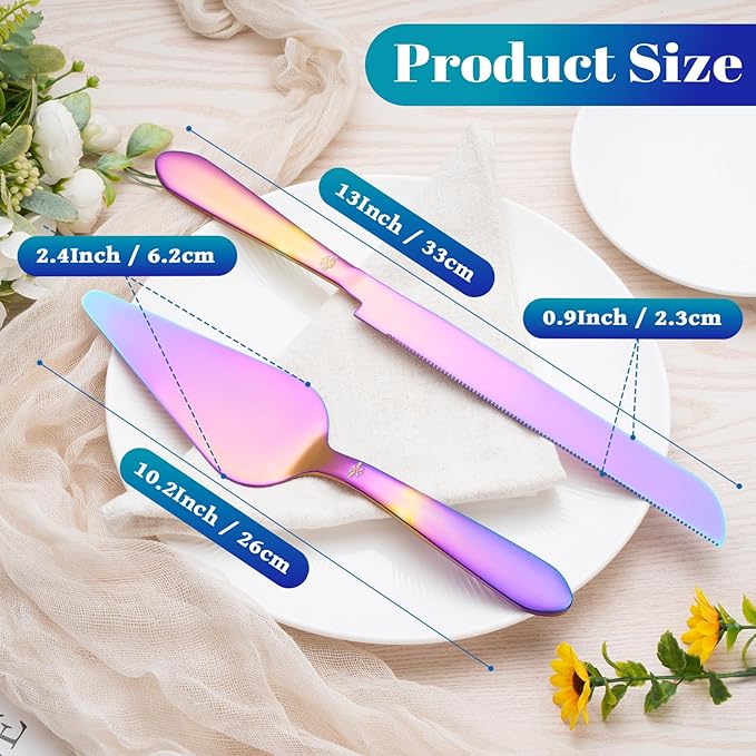 Cake Cutting Set for Wedding, Elegant Cake Knife and Server Set with Thickened Stainless Steel Rounded Edges, Cake Cutter and Pie Spatula for Birthday Anniversary, 2 Pcs, Multipurple