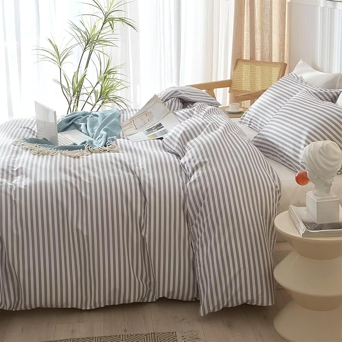 Queen Comforter Set Grey White Stripes Comforter 3 Pieces Fluffy Soft Lightweight Bedding Comforter for All Season Down Alternative Comforter Boho Farmhouse Bedding Striped Comforter Set