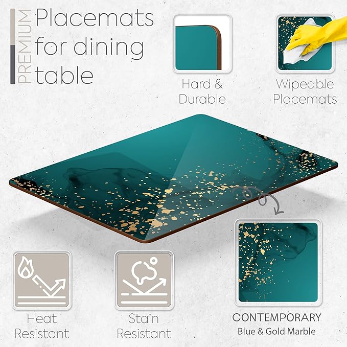 Moderry Set of 4 Heat Resistant Cork Placemats for Dining Table with Free Set of 4 Matching Drink Coasters Deep Green and Gold Design 16 x 12 Inches Cork Backed Hard Placemats (Green Serenity)