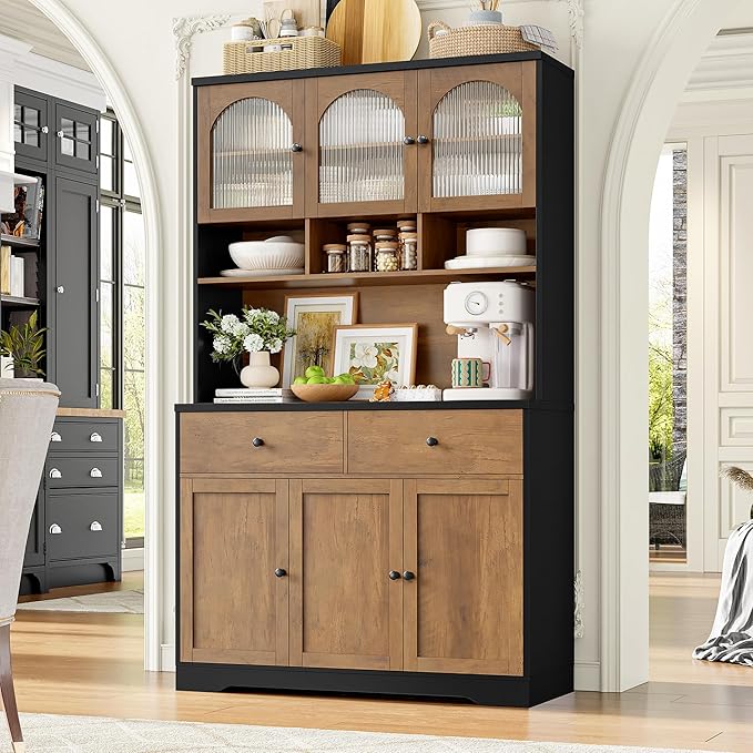 FINETONES 71" Pantry Cabinet, Tall Kitchen Pantry Storage Cabinet with Microwave Stand, Modern Kitchen Hutch Food Pantry with Open Countertop and Adjustable Shelf for Dining Room