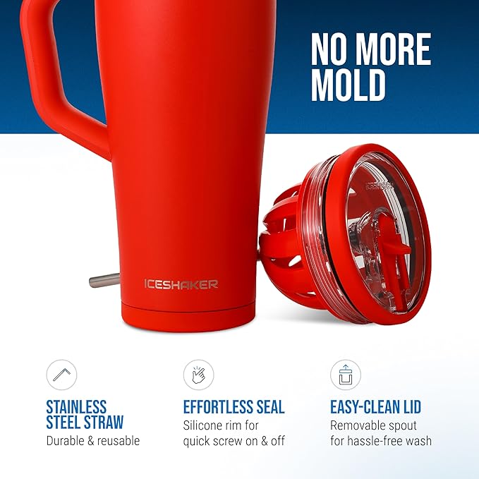 Ice Shaker 32 oz Tumbler with Handle and Straw | 32oz Red | Cold for 30+ Hours | 2-in-1 Tumbler Shaker Bottle | Odor-Free 32 ounce Bottle for Water, Protein Shakes, Smoothies, Cocktails