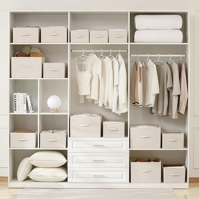 Linen Folding Storage Bins, 3 Pack Large Storage Baskets, Washable, Clothing Storage Bins with Handle, Closet Organizer for Storage Sweater,Sheets(Beige, 18쩍"x13쩍"x8쩍")