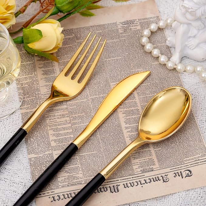 SUT Gold Plastic Silverware (160Pcs) Forks and Spoons Disposable, 80 Gold Plastic Forks, 40 Gold Knives, 40 Gold Spoons, Black and Gold Utensils Set Disposable for Parties, Weddings