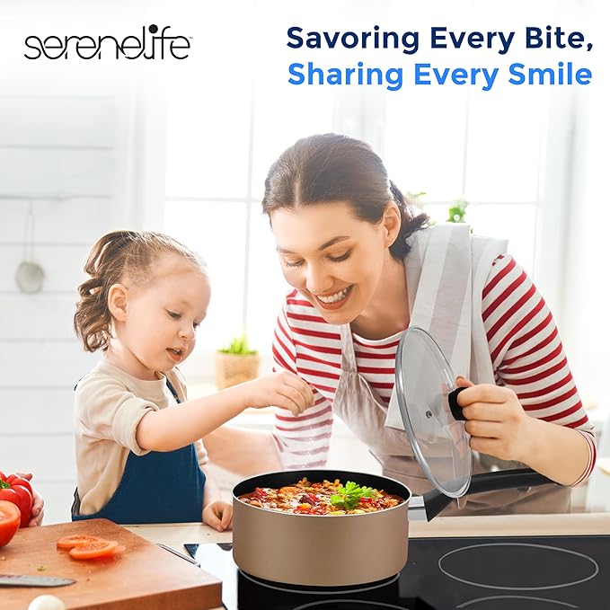 SereneLife 6-Piece Pots and Pans Set ??Nonstick Cookware, Black Coating, Heat-Resistant, Dishwasher safe, Includes Fry Pans, Saucepans with Lids, Color Gold