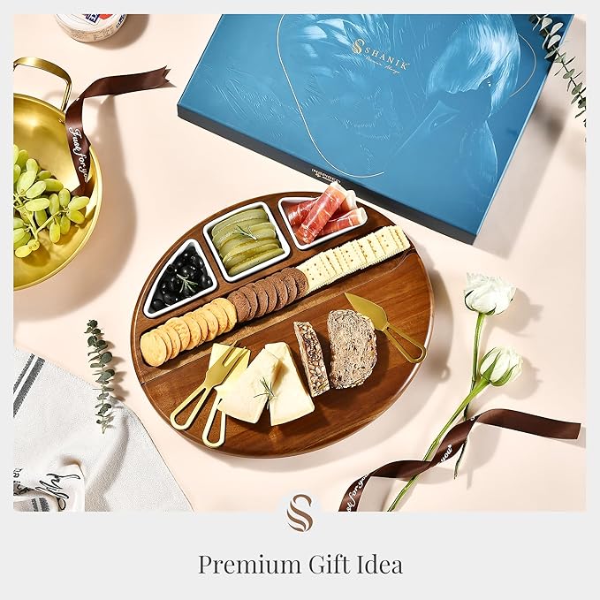 Shanik Large Acacia Wood Cheese Board ??Premium Charcuterie Set with Knife Holder, Cutting Surface & Serving Tray for Parties, Weddings, Gifts