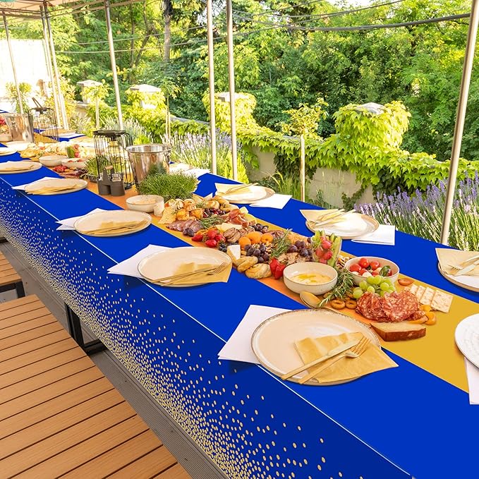 6Pcs Blue and Gold Tablecloth Party Decorations,Plastic Royal Blue Table Cloth Printed Gold Table Runner Disposable Rectangle Table Cover for Birthday Anniversary Wedding Graduation Party,54 x108 Inch