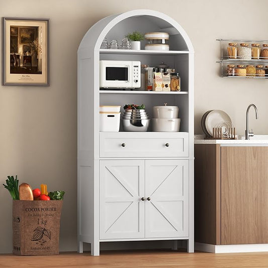 Arched Cabinet with Doors, 71" Tall Freestanding Pantry Cabinet with Large Drawer and 3 Tier Open Shelves, Farmhouse Wood Storage Cabinets, Versatile Cupboard for Kitchen and Dining Room, White