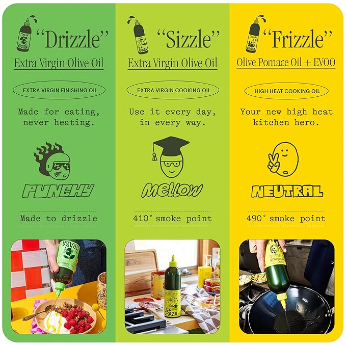 Graza Sizzle Extra Virgin Olive Oil, Cooking Oil - High Polyphenol Peak Harvest EVOO Cooking Oil in a Squeeze Bottle - Single Origin Olive Oils from Spain - 25.3 Fl Oz (750ml)