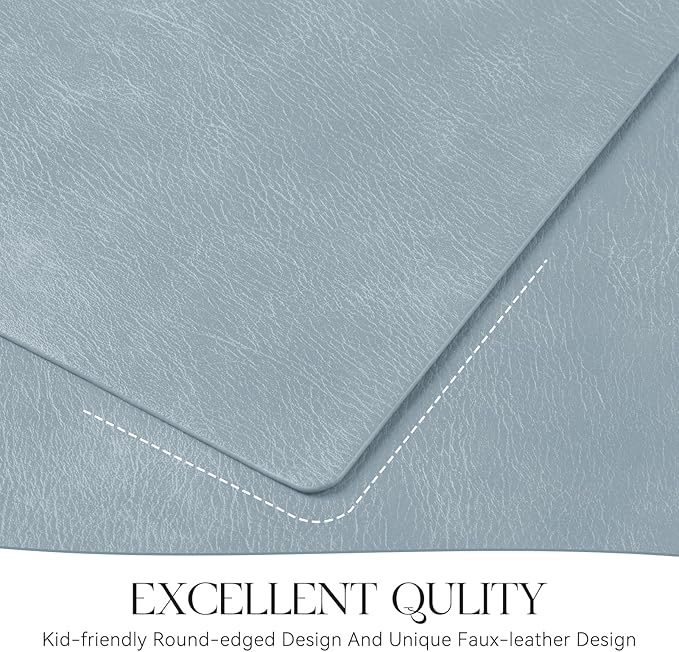 MOSAYT Vinyl Placemats Set of 4-12 X 17 Inch - Faux Leather 100% Waterproof Oil-Proof Wipeable PU Place Mats, Heat Resistant Reversible Table Mats for Kitchen, Dining, Outdoor (Light Grayish Blue)