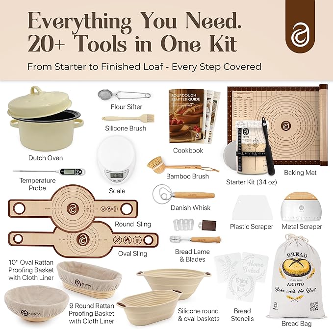 Sourdough Starter Kit with Dutch Oven and Scale - Complete Sourdough Kit with Proofing Baskets, 34oz Jar, Slings, and Other Premium Bread Making Tools - Perfect Baking Gifts for Women, Men, and Bakers