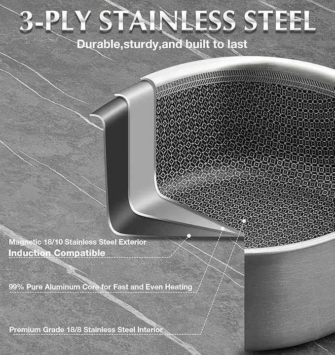 KOCH SYSTEME CS Triply Stainless Steel Cookware Set 10 Piece, Nonstick Hybird Stainless Steel Pots and Pans Set, Kitchen Cookware Set with Honeycomb Interior, 18/10 Steel, Induction Compatible