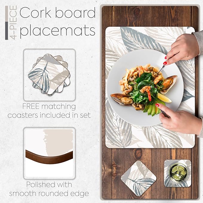 Moderry Set of 4 Heat Resistant Cork Placemats for Dining Table with Free Set of 4 Matching Drink Coasters Marble Design 16 x 12 Inches Cork Backed Hard Placemats (Farmhouse Rustic Leaves)