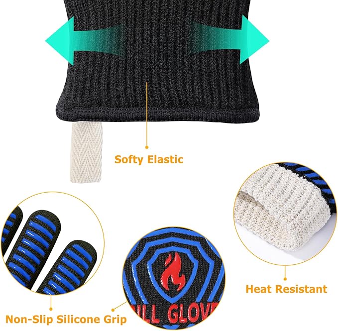 QUWIN BBQ Gloves, Oven Gloves 1472??Extreme Heat Resistant, Grilling Gloves Silicone Non-Slip Oven Mitts, Kitchen Gloves for BBQ, Grilling, Cooking, Baking-1 Pair??(Black Blue, One SizeLong Cuff