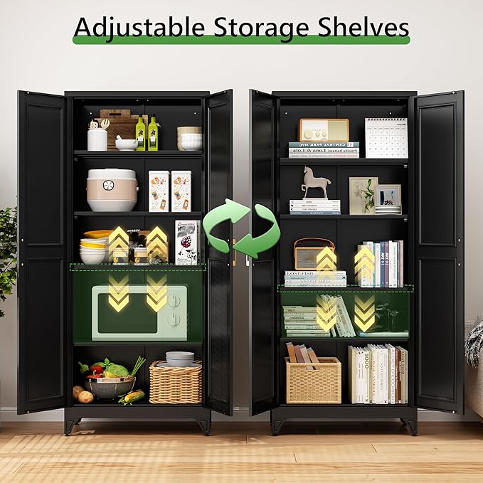 75??Tall Kitchen Pantry Cabinet,Metal Storage Cabinet with Doors and Adjustable Shelves,Modern Kitchen Hutch Cabinets,Freestanding Cupboard for Dining Living Room