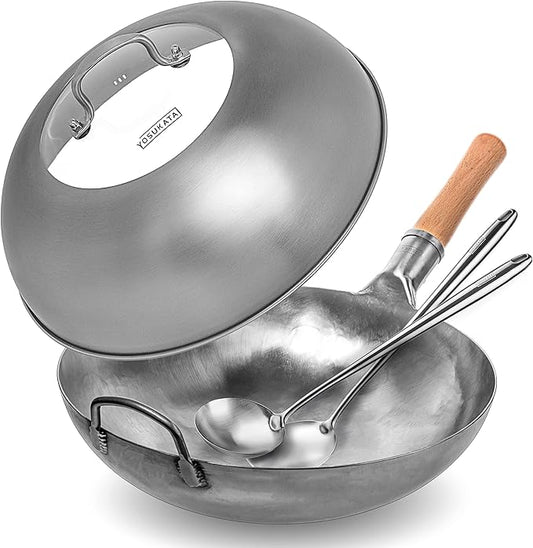 YOSUKATA Non-seasoned Round-Bottom Carbon Steel Wok Pan + Wok Lid 13.6 Inch + 17?쇺?Wok Spatula and Ladle