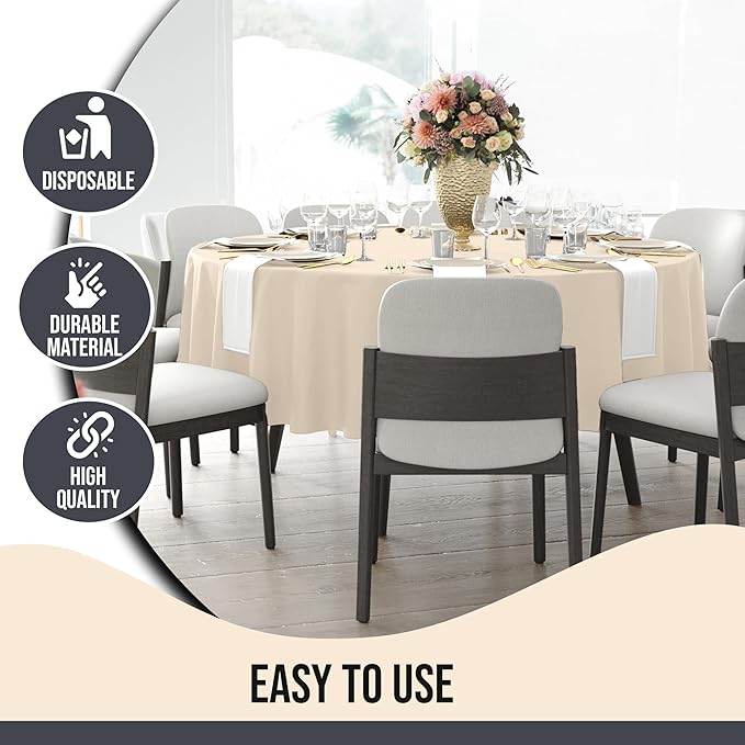 Party Solids 12-Pack Ivory Round Plastic Tablecloth Disposable ??Size: 90 Inches ??Round Plastic Table Cloths for Parties, Picnics & Formal Events