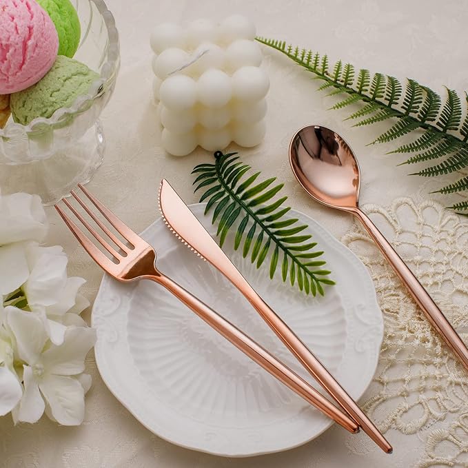 SUT 150Pcs Rose Gold Plastic Silverware, Disposable Cutlery Set, Heavy Duty Plastic Flatware Set竊똃isposable Rose Gold Utensils Include 50 Forks,50 Spoons, 50 Knives Perfect for Party
