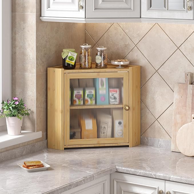 Corner Bread Box for Kitchen Countertop, Large Bread Container Storage Vintage Wooden Farmhouse Bread Box with Window for Homemade Bread Holder (Bamboo)