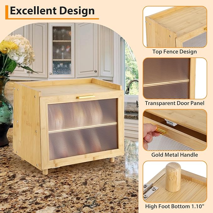 Double Layer Bread Box, Large Capacity Kitchen Counter Storage Container with Acrylic Clear Window and Hinge Door,Farmhouse Style Bread Keeper,Natural