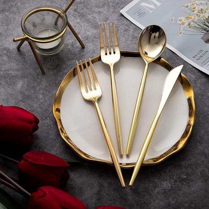 LIYH 360 Pcs Gold Plastic Silverware - Elegant Gold Silverware Disposable Utensils Set for Weddings, Parties & Events - Includes Forks, Spoons, Knives, Cutlery Tableware