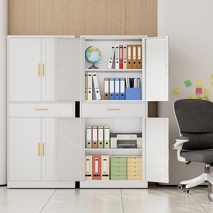 CJF 71" H Metal Kitchen Pantry Storage Cabinet, Freestanding Cupboard with Adjustable Shelves and 1 Drawer, Standing Storage for Kitchen, Bathroom, Garage, Dinning Room or Utility Room（White）