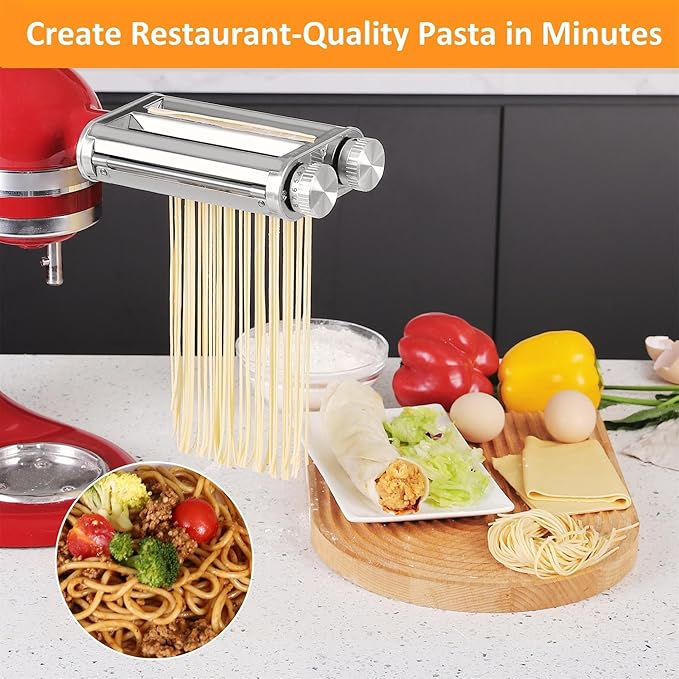 Pasta Maker Attachment for KitchenAid Stand Mixers,Sturdy 3 in 1 Set Included Pasta Sheet Roller, Spaghetti and Fettuccine Cutter Accessories-Unique Design