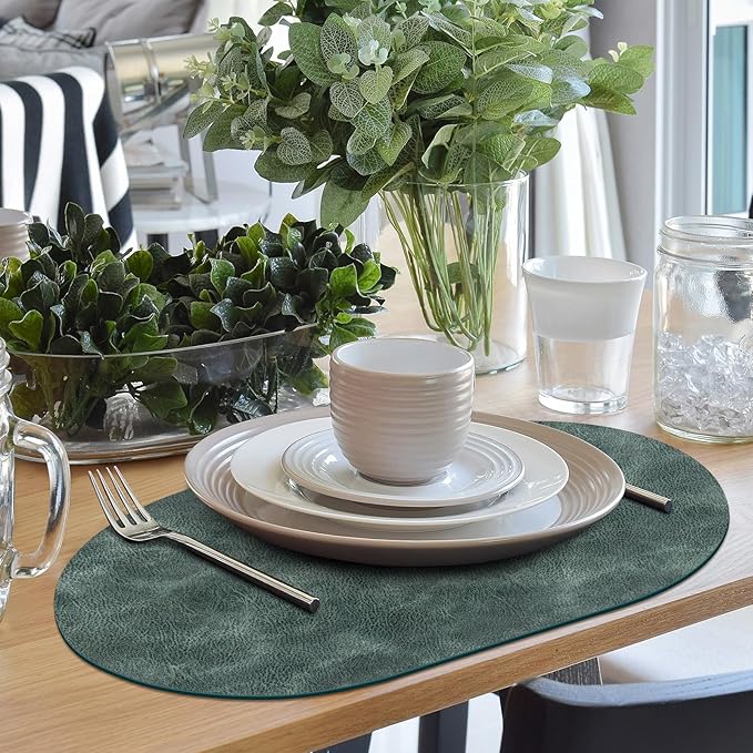 ADRIMER Placemats, Heat Resistant Oval Placemats Set of 4 Washable 12 x 17 Inch, Waterproof Table Mats, Wipeable Pu Place Mats for Kitchen, Dining Room, Blue & Green