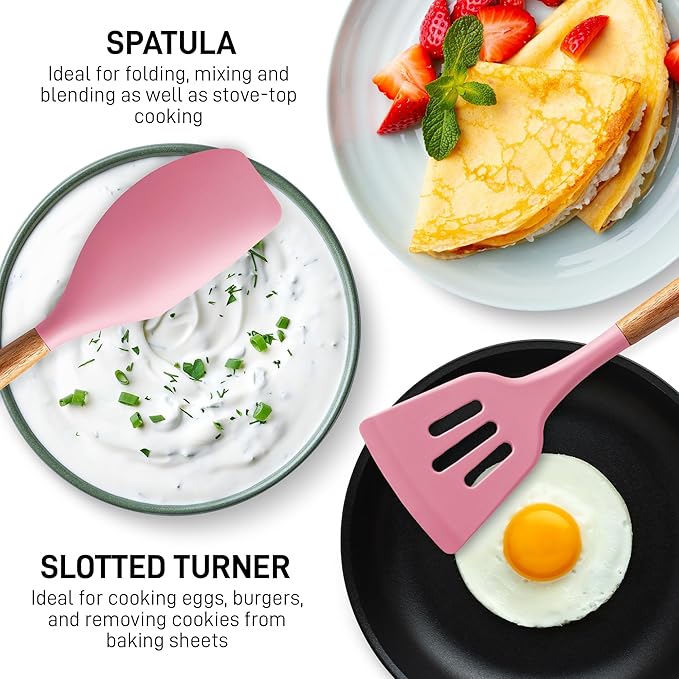 Zulay Kitchen Non-Stick Cooking Utensils Set with Authentic Acacia Wood Handles ??5-Piece Durable & Stylish Silicone Kitchen Utensils Set ??Heat Resistant to 464째F ??Pink
