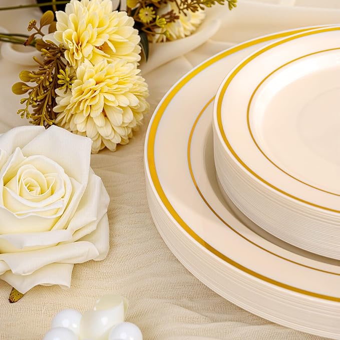 I00000 200 Pcs Gold and Ivory Plastic Plates, Ivory Disposable Party Plates Include 100 Dinner Plate 10?쇺?and 100 Plastic Dessert Plate 7?쇺?Perfect for Birthday, Party & Wedding