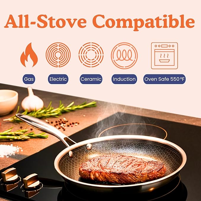 Ziruma Non-Toxic Frying Pan, Non Stick 9.5" Fully Clad for Fast & Even Heat, PFOA-Free, Premium 304 Stainless Steel Handle, Induction Compatible, Oven Safe to 500째F